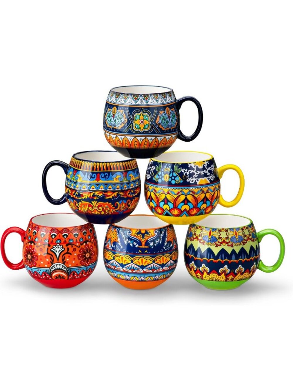 Set of 6 Bohemian Coffee Mugs - 18 Oz Large Ceramic Cups for Home & Kitchen